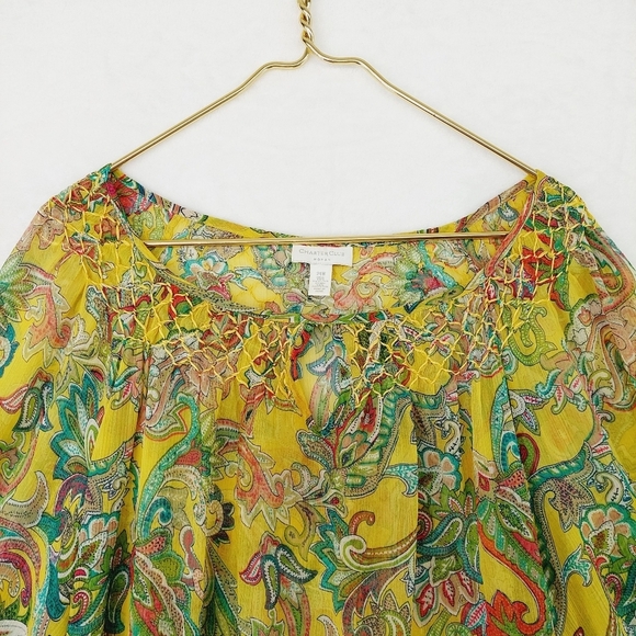 Charter Club Yellow Sheer Embroidered Neck 3/4 Sleeve Floral Pattern Top P2009 - Picture 2 of 7